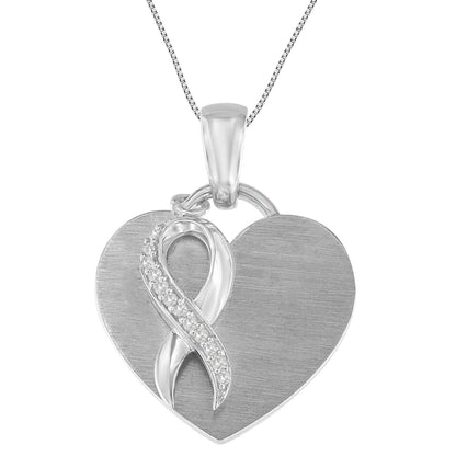 White metal heart-shaped necklace pendant with an infinity symbol adorned with prong-set round white gemstones, shown in a front-facing close-up view.