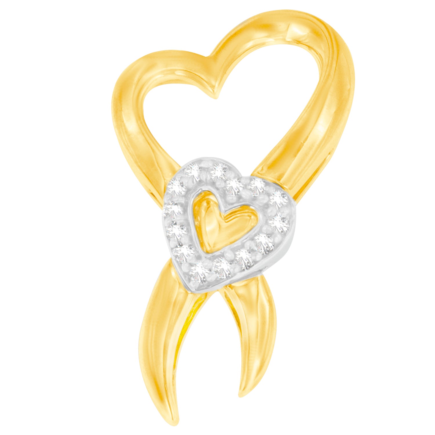 Close-up front view of a yellow and white metal heart-shaped necklace pendant with a smaller heart surrounded by prong-set white gemstones.