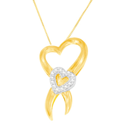 Front view of a necklace with an intertwined double heart pendant, featuring a yellow metal larger heart and a smaller white metal heart adorned with round white gemstones.