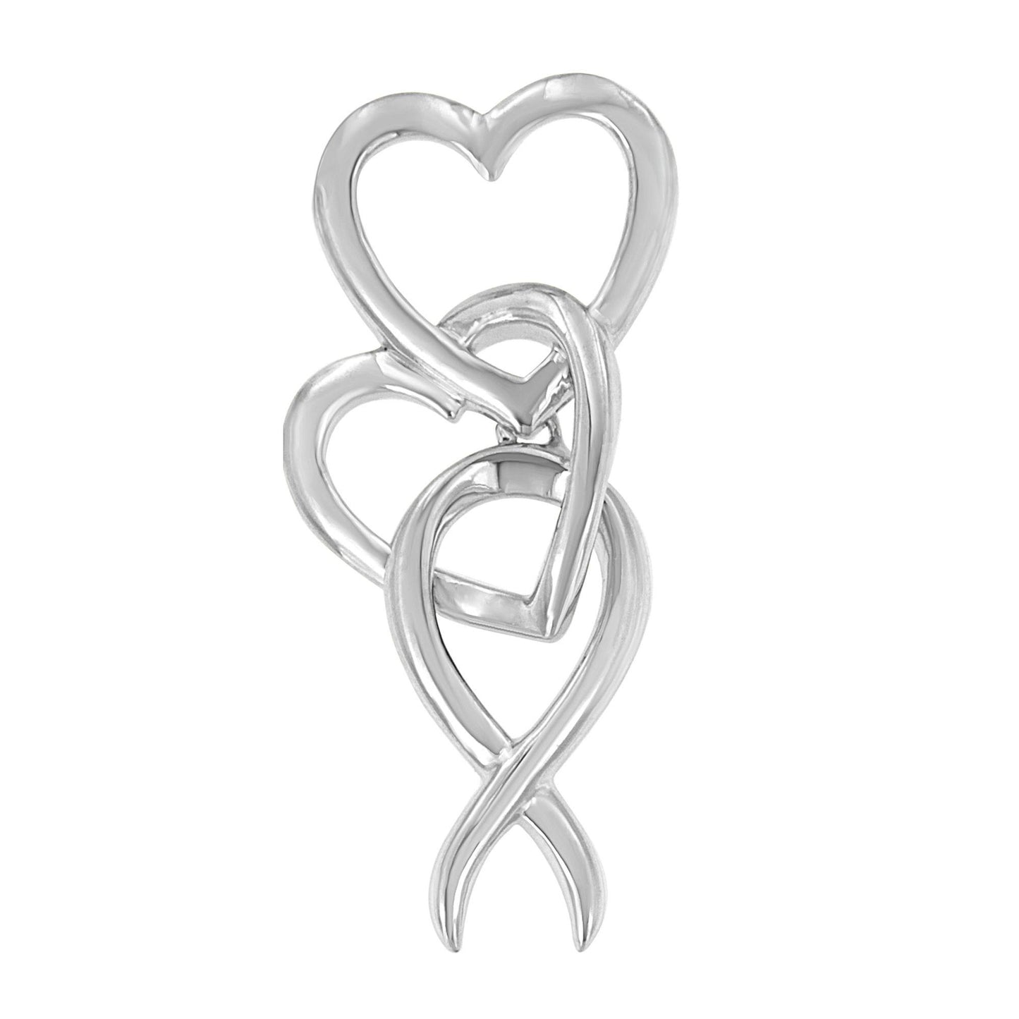 White metal necklace pendant with three interconnected heart shapes, shown in a front-facing close-up view.