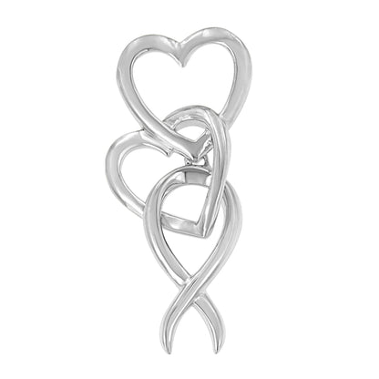 White metal necklace pendant with three interconnected heart shapes, shown in a front-facing close-up view.