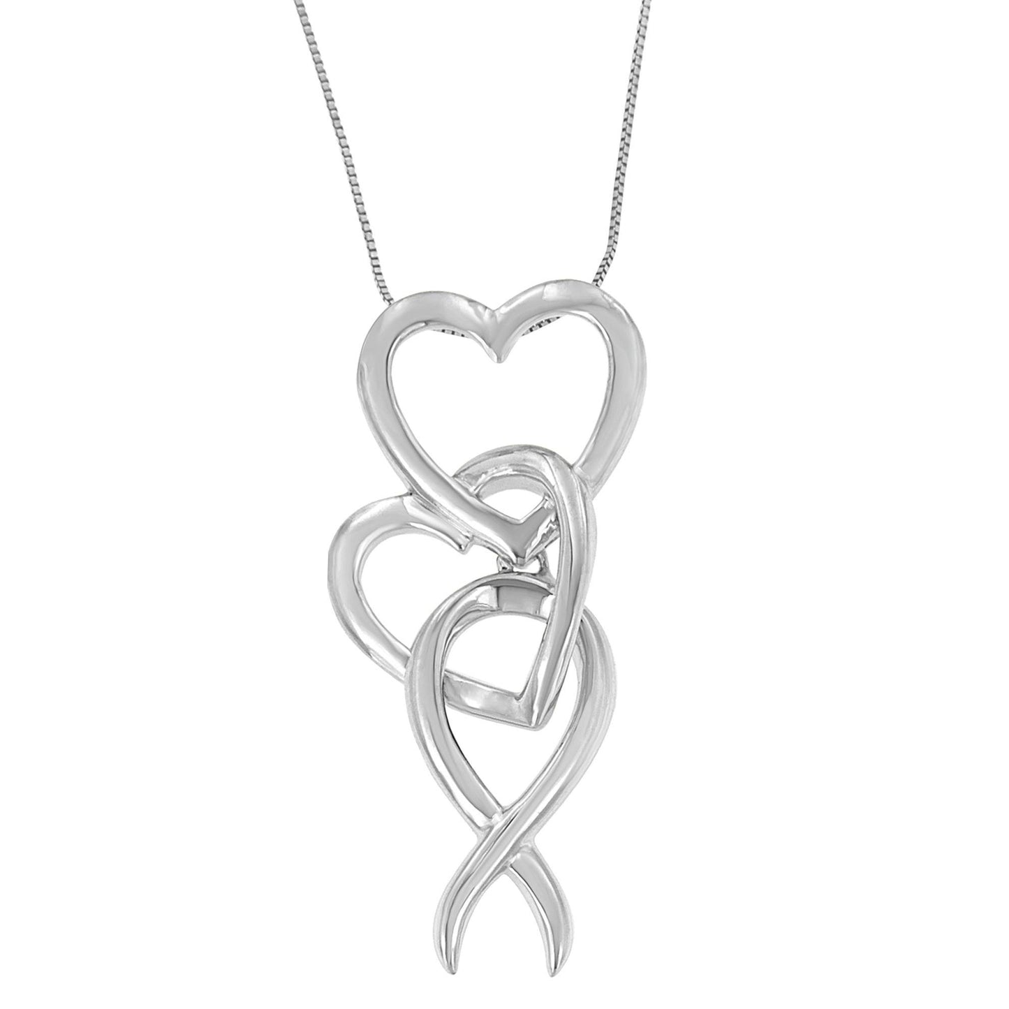 Front view of a white metal necklace pendant featuring three interconnected open heart shapes.