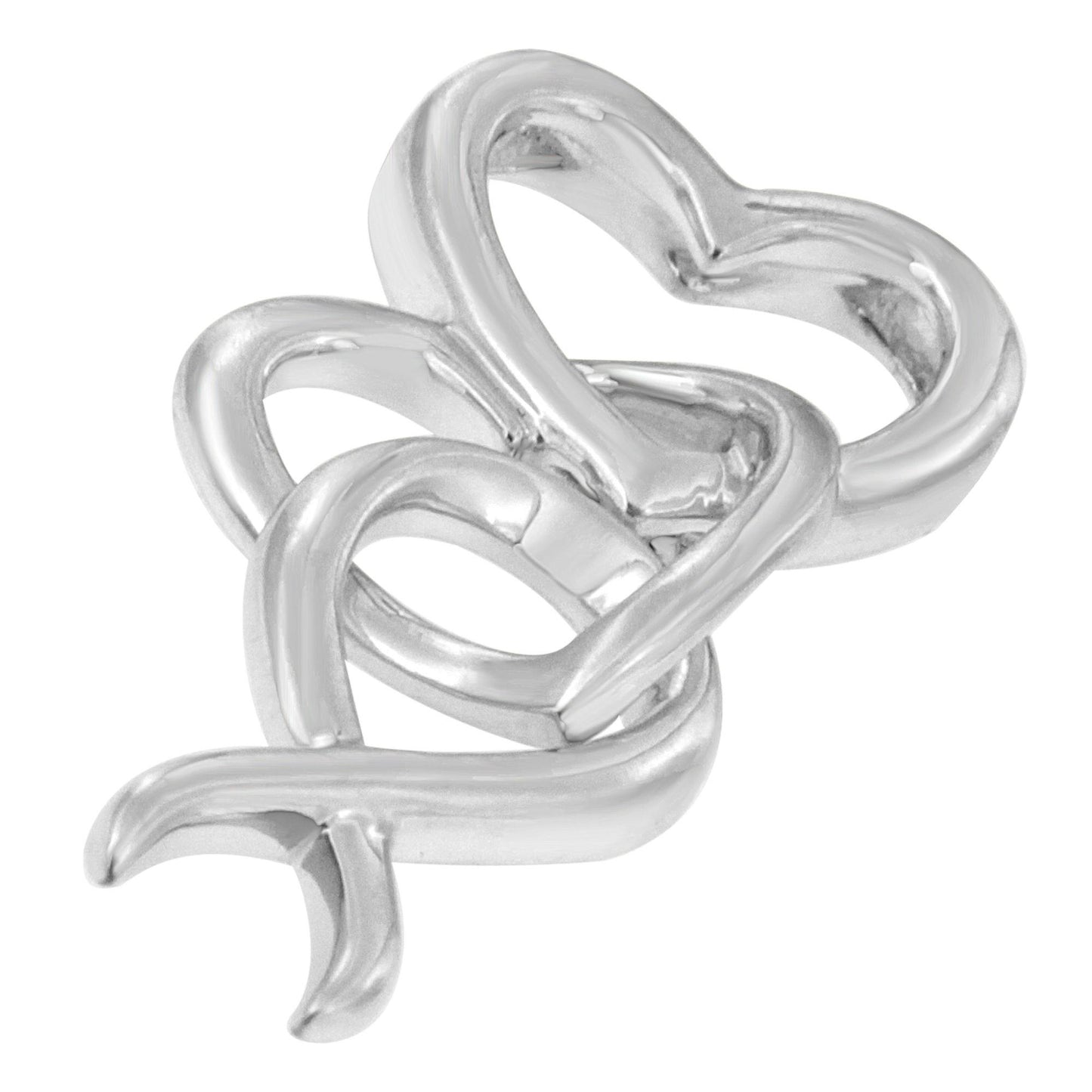 Close-up front angle of a white metal necklace pendant shaped as three interconnected hearts.