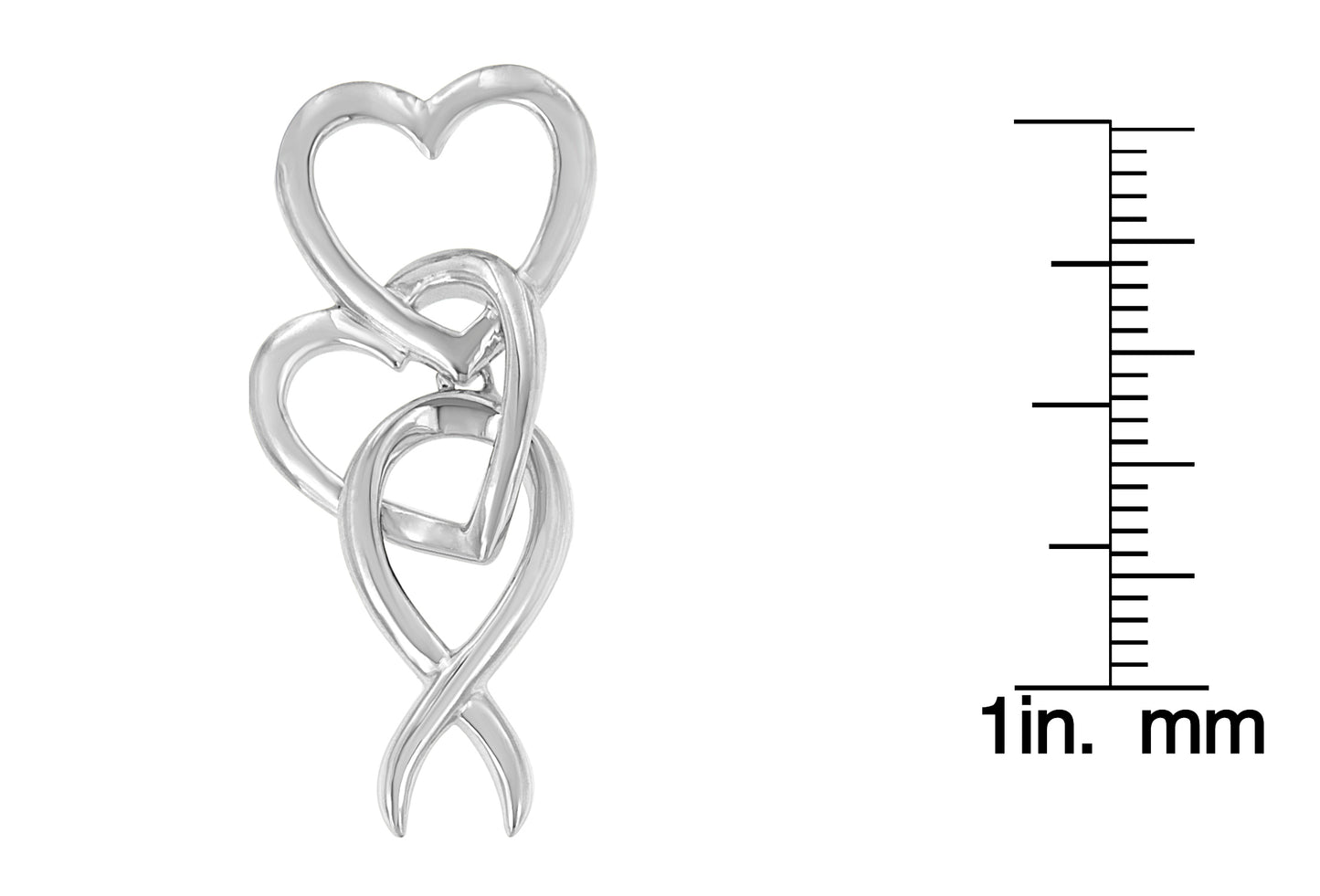 Front angle view of a white metal necklace pendant with three interlinked heart shapes, shown next to a ruler for size reference.