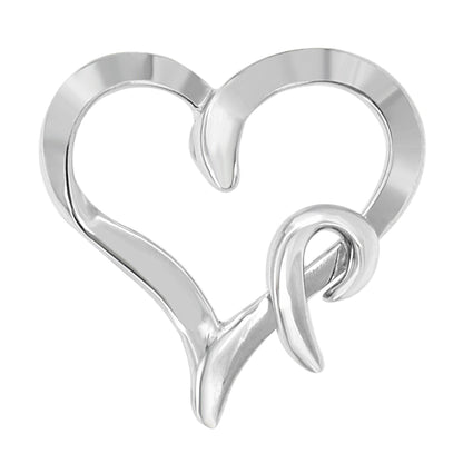 Close-up front angle of a white metal heart-shaped necklace pendant with a smooth, flowing design element looping through the lower right side.