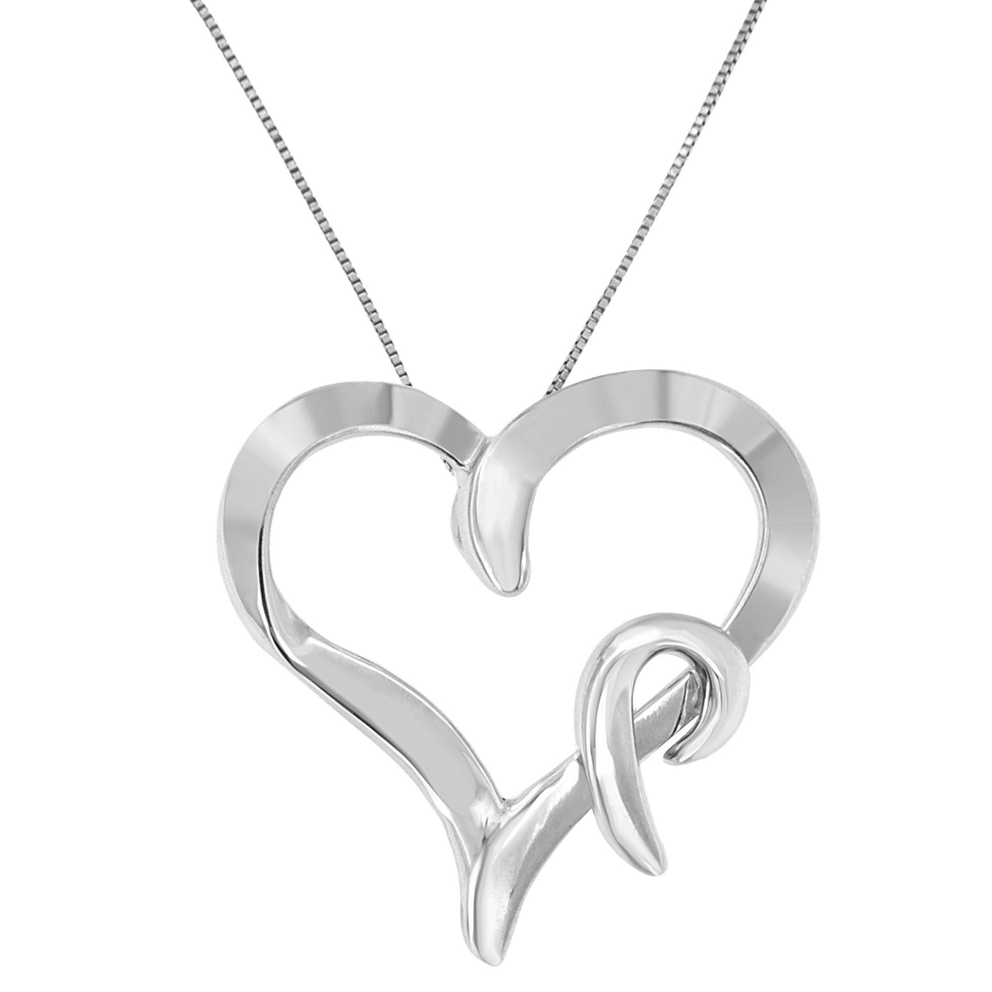 Front view of an open heart-shaped white metal necklace pendant with a ribbon-like detail, hanging on a chain against a white background.