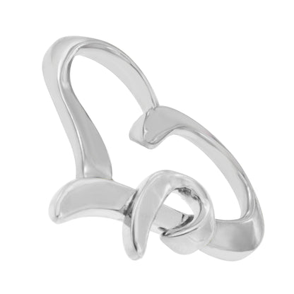 Close-up front angle of a shiny white metal necklace with an abstract looping design.