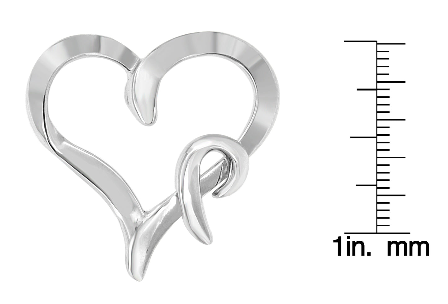 Close-up front angle of a white metal heart-shaped necklace pendant next to a ruler for size reference.