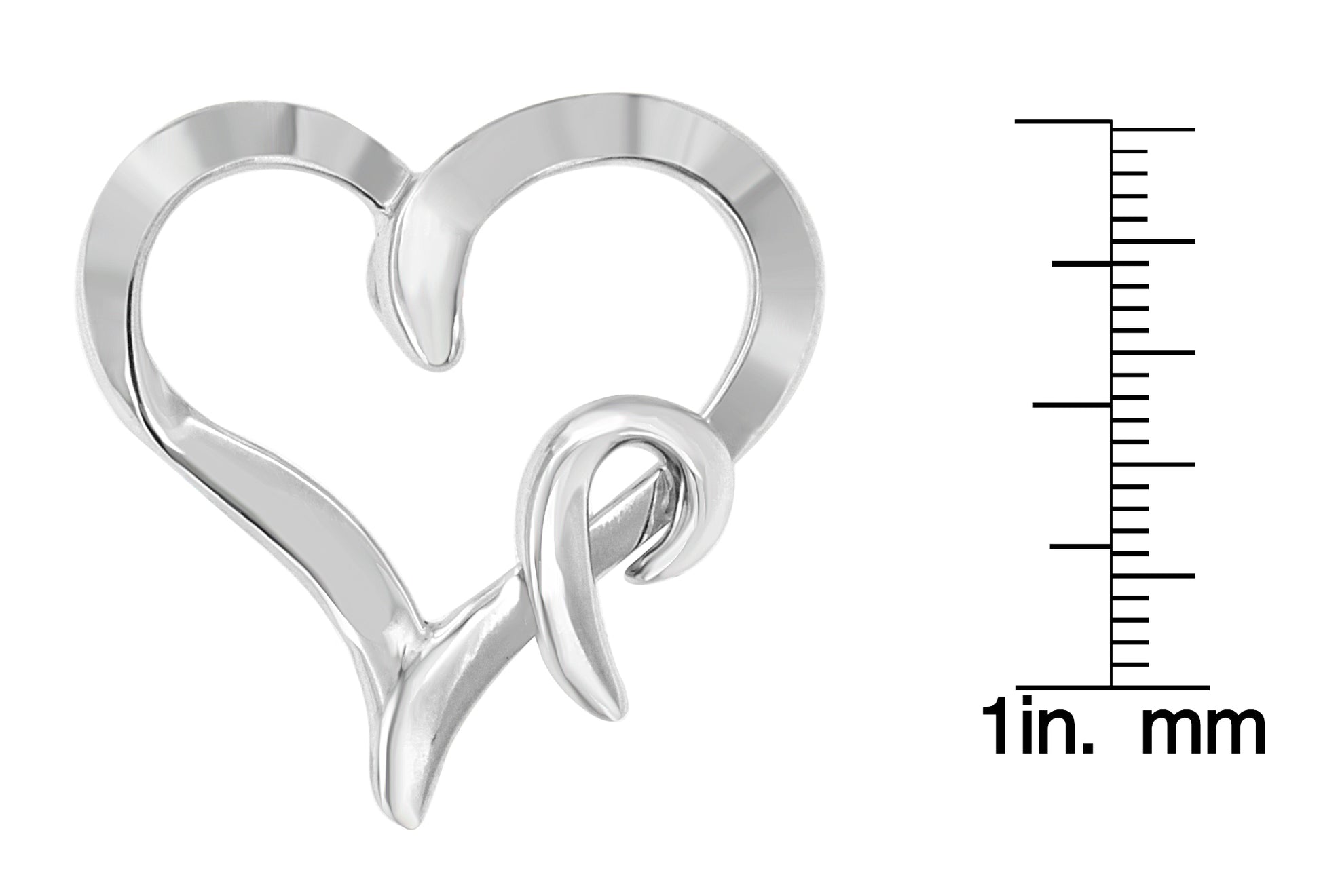 Close-up front angle of a white metal heart-shaped necklace pendant next to a ruler for size reference.