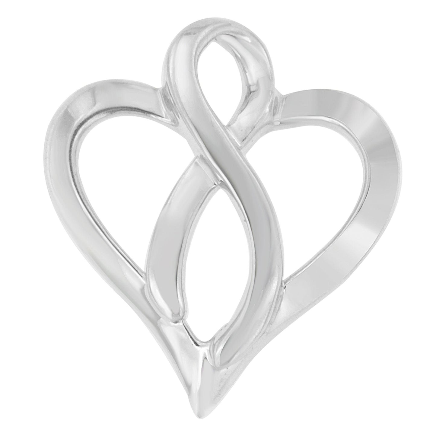 Close-up front view of a white metal necklace pendant shaped as an intertwined heart and infinity symbol.