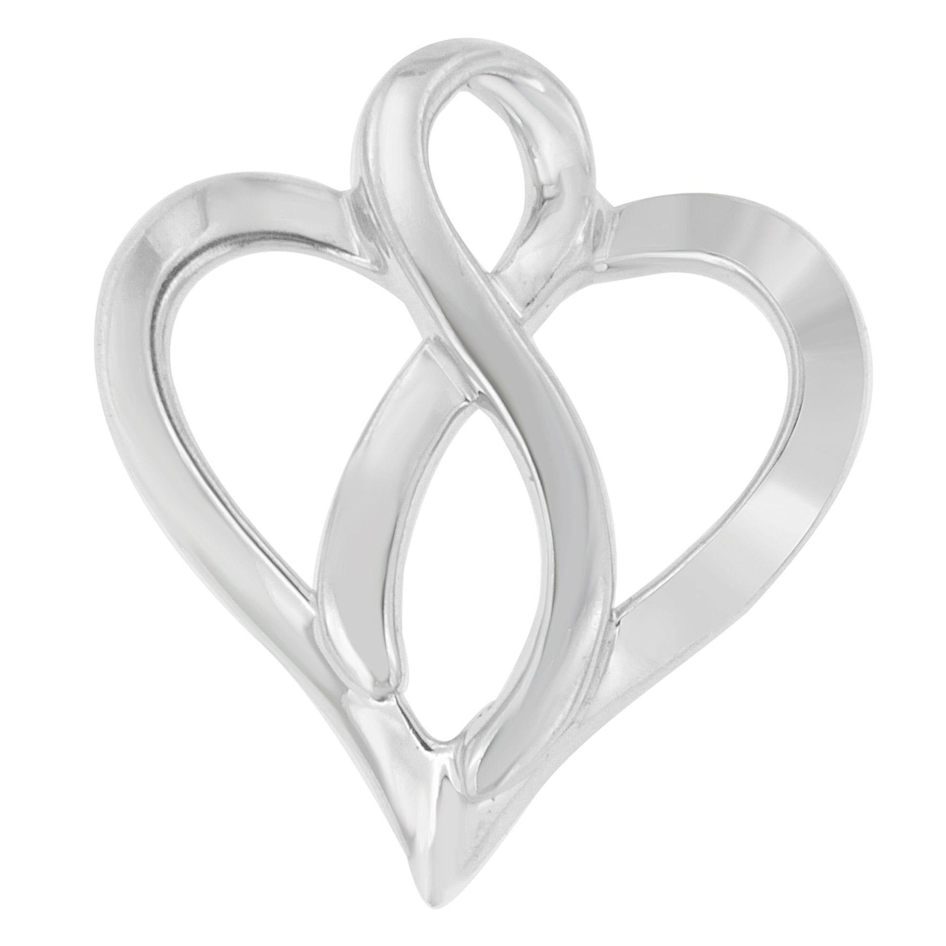 Close-up front view of a white metal necklace pendant shaped as an intertwined heart and infinity symbol.