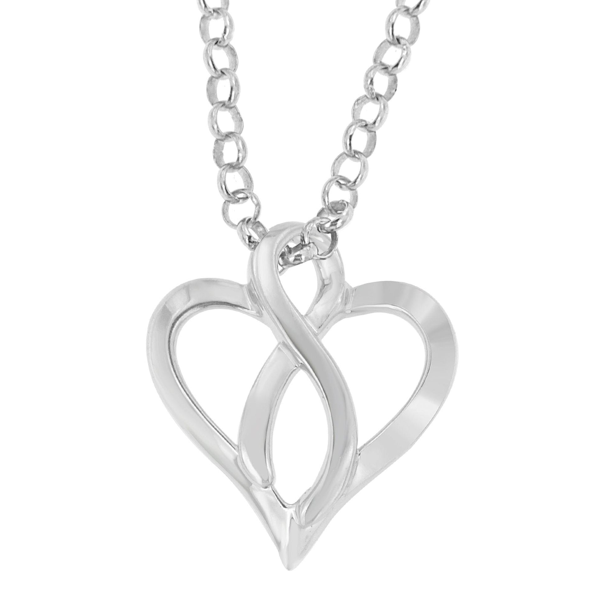 Close-up front view of a white metal necklace with a heart-shaped pendant featuring an intertwined infinity symbol.