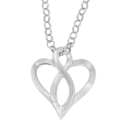 Close-up front view of a white metal necklace with a heart-shaped pendant featuring an intertwined infinity symbol.