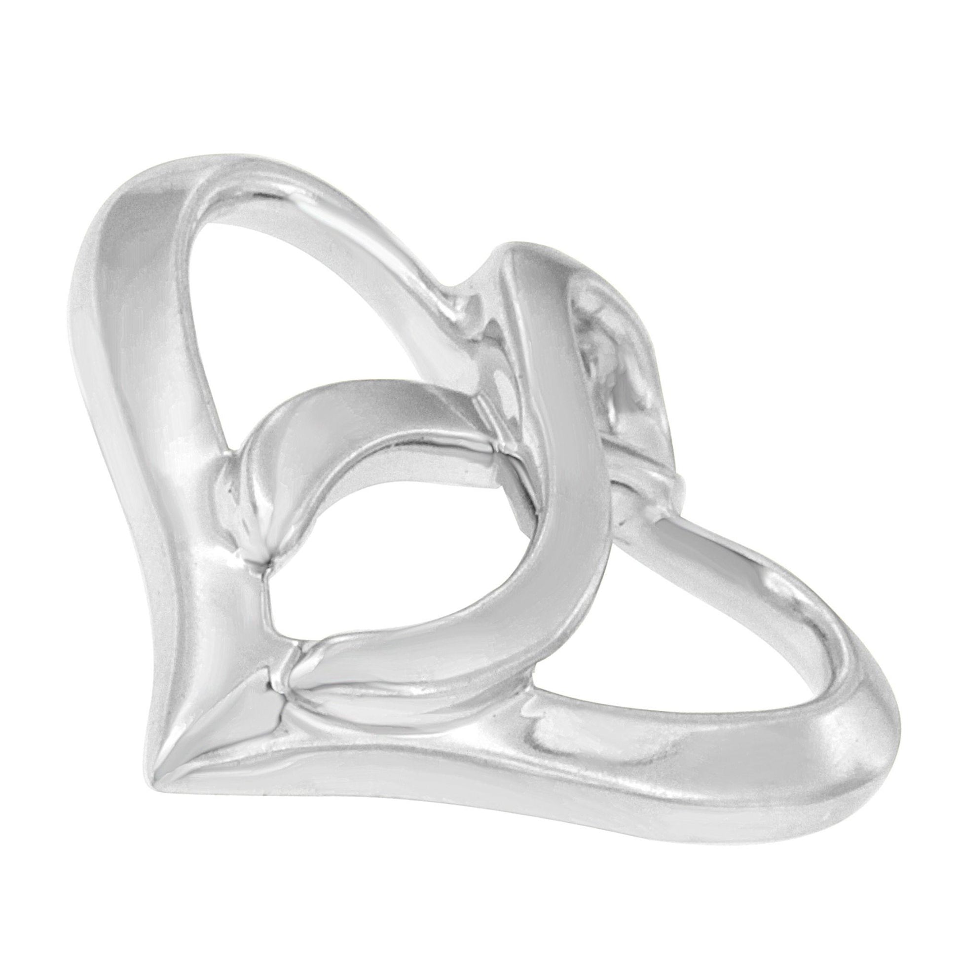 Close-up angled view of a white metal necklace pendant shaped as an abstract open heart design.