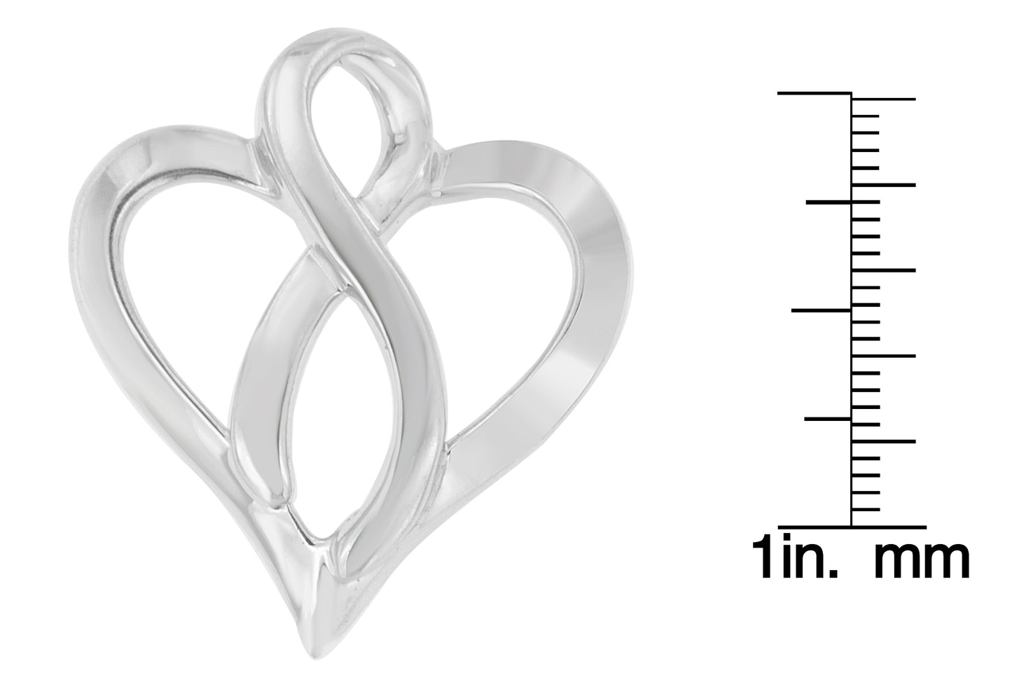 Close-up front angle of a white metal necklace pendant in the shape of an abstract intertwined heart next to a ruler for size reference.