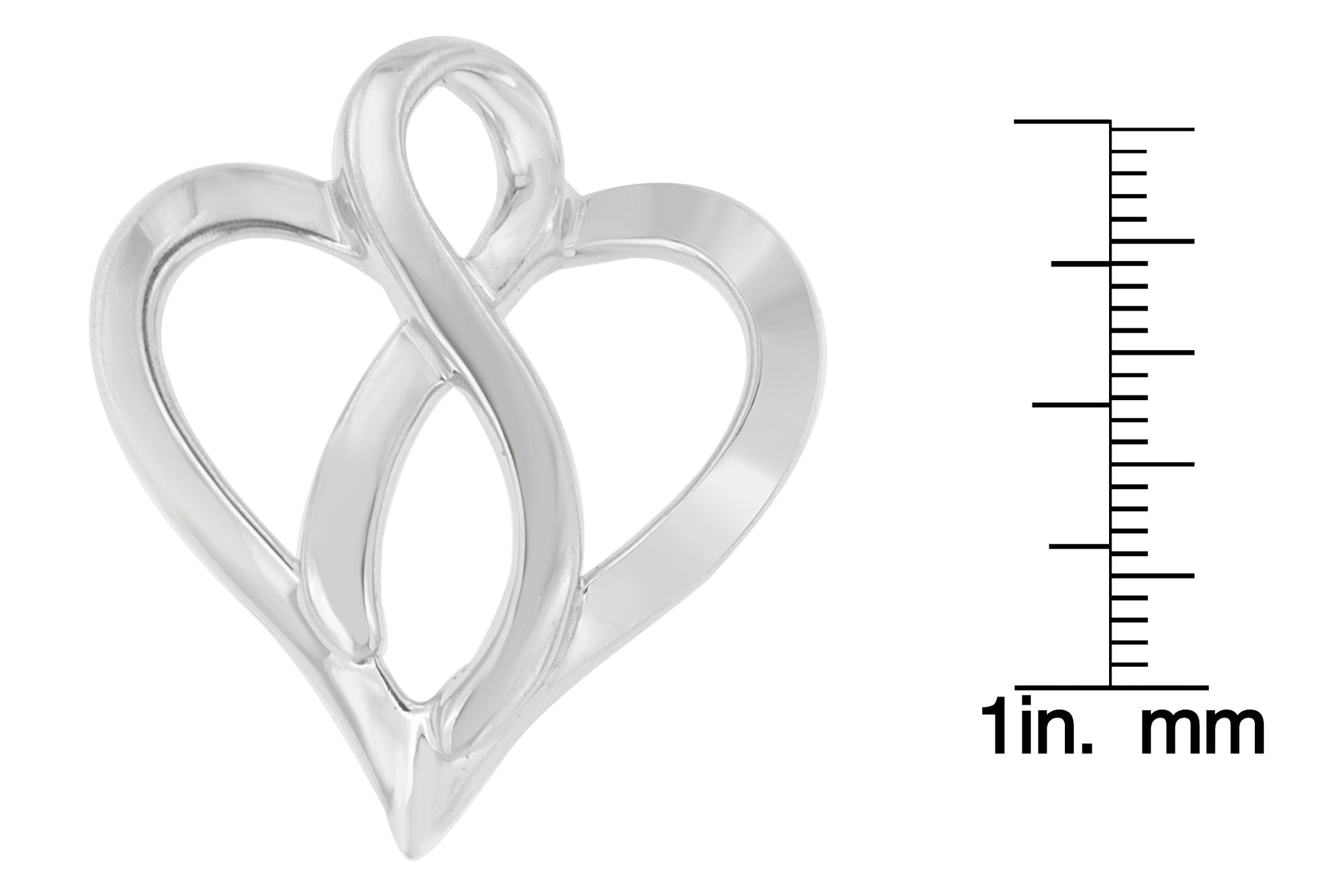 Close-up front angle of a white metal necklace pendant in the shape of an abstract intertwined heart next to a ruler for size reference.