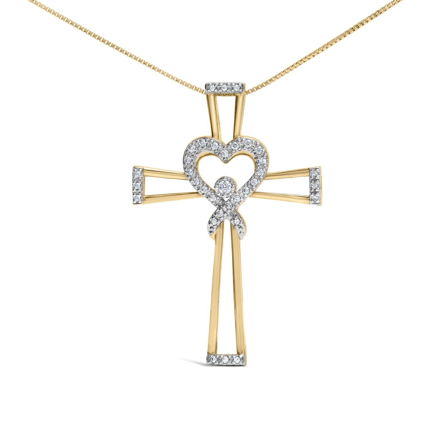Front view of yellow metal cross necklace pendant with heart shape and round white gemstones in prong setting.