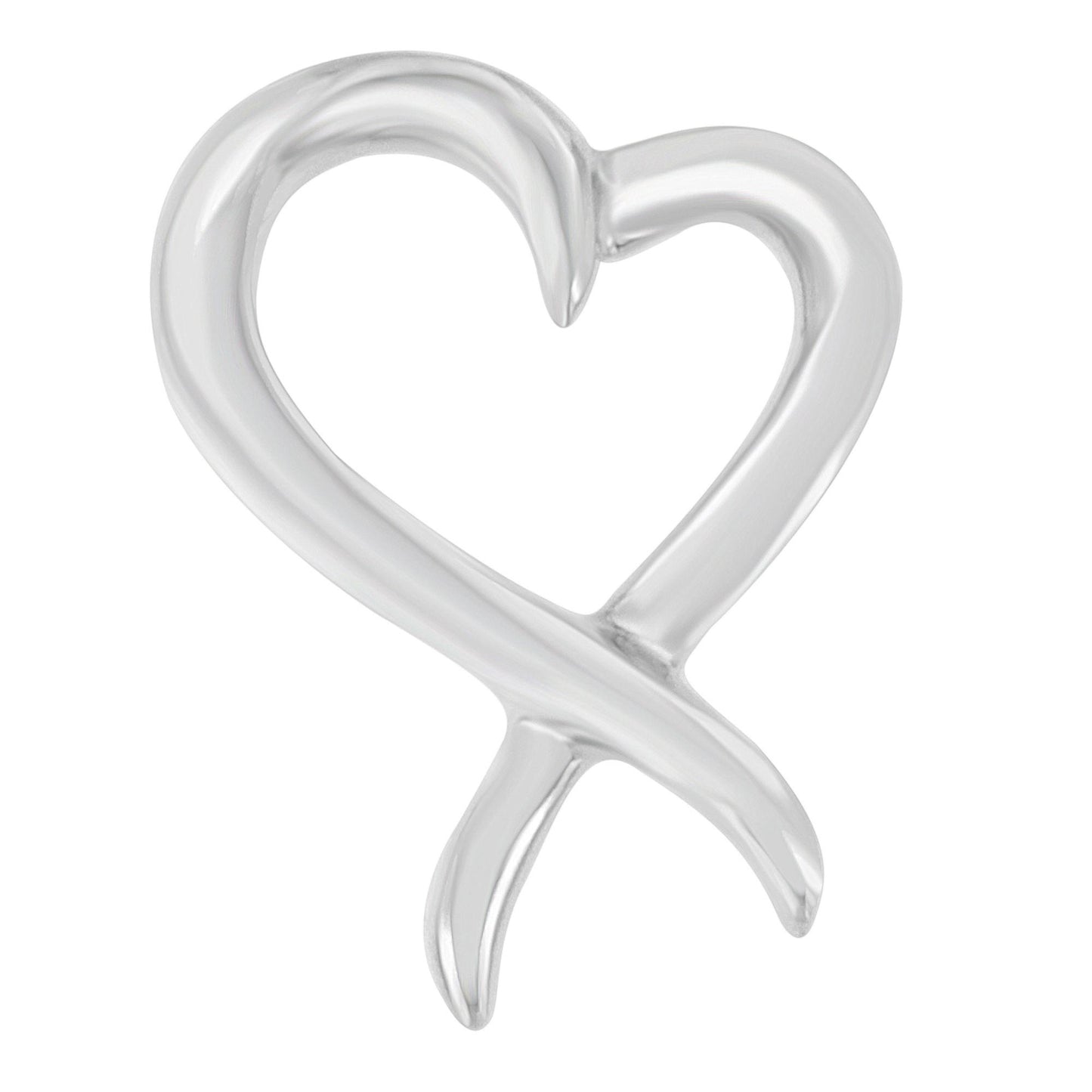Close-up front view of a white metal necklace pendant shaped like an abstract heart with a flowing, twisted design.