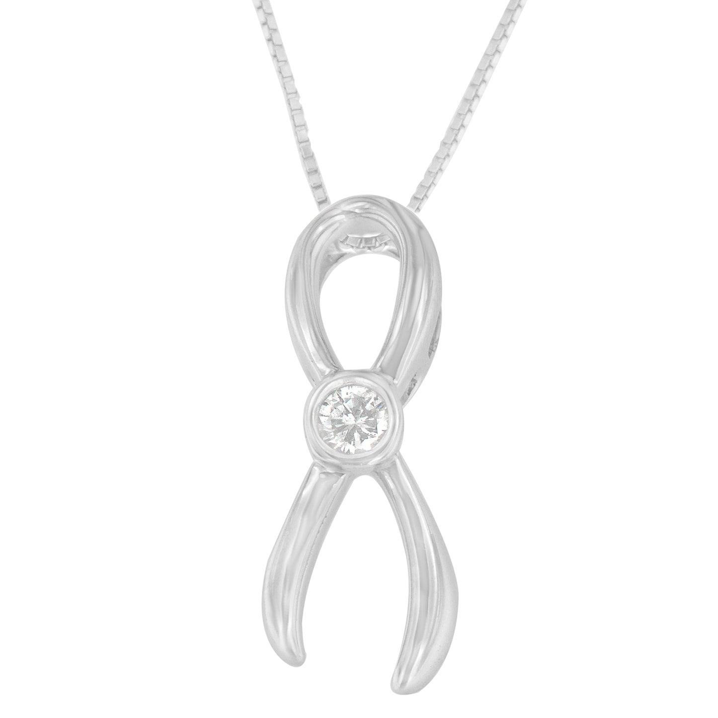 White metal necklace with looped ribbon-shaped pendant featuring a round white gemstone in prong setting, shown from the front.
