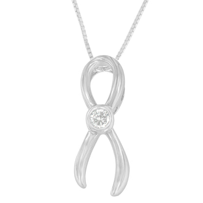 White metal necklace with looped ribbon-shaped pendant featuring a round white gemstone in prong setting, shown from the front.