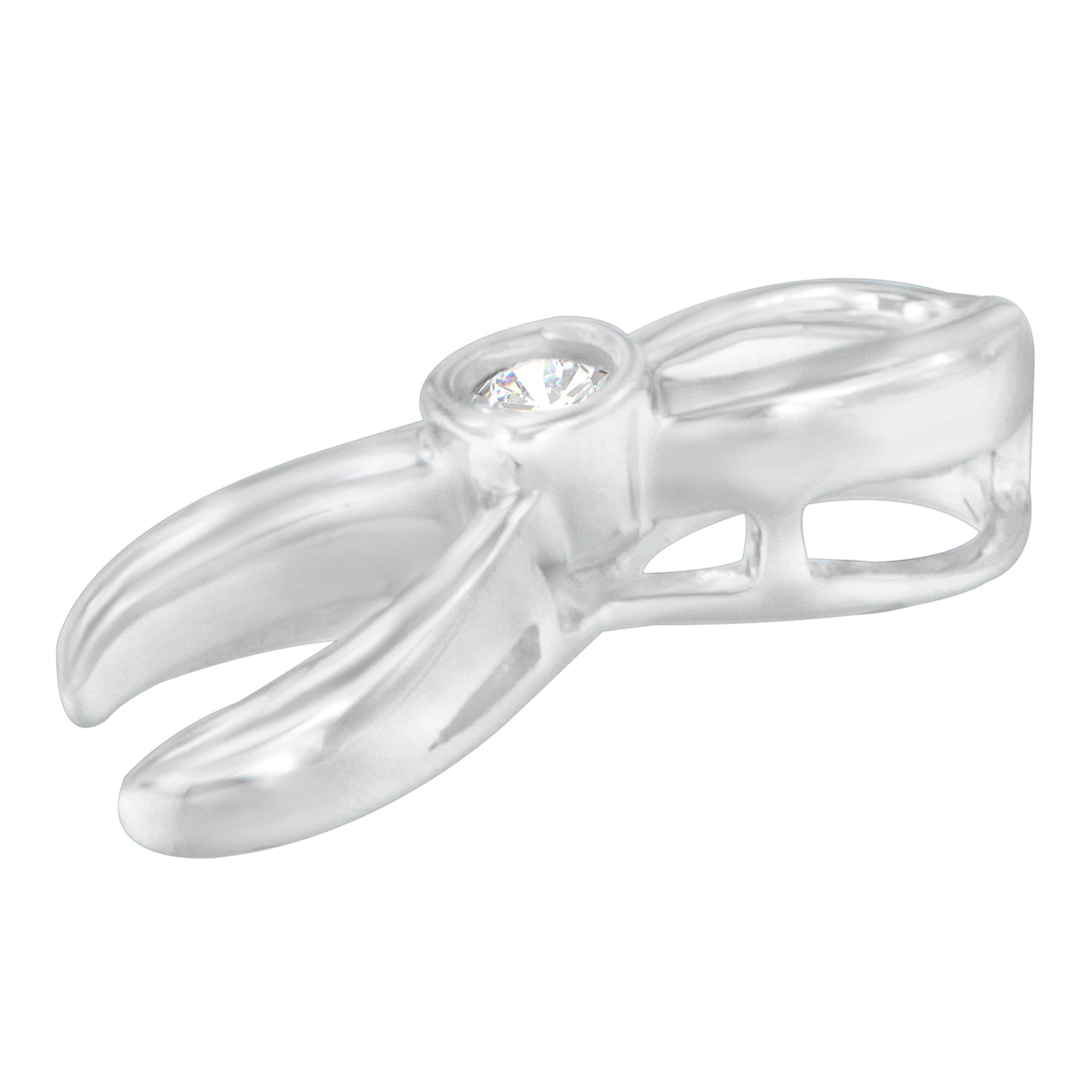 Close-up side angle of a white metal necklace pendant setting with a single round white gemstone in a prong setting.