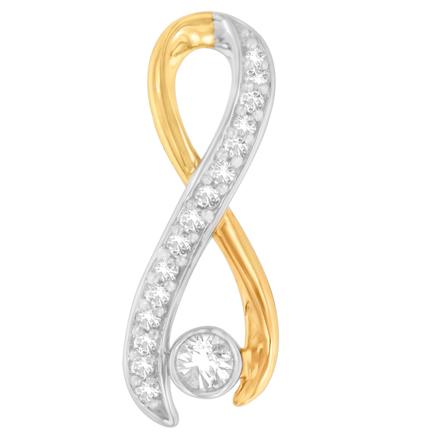 Close-up front angle of a yellow and white metal necklace pendant featuring a twisted infinity design with round white gemstones in prong settings along the white metal section and a single large round white gemstone at the bottom.
