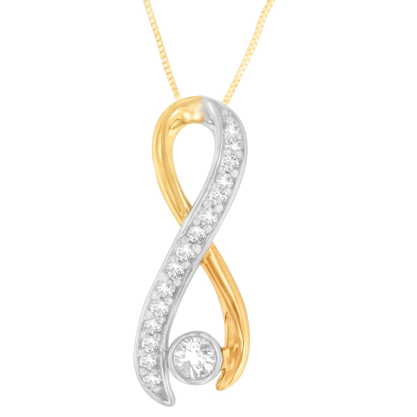 Front-facing close-up of a yellow and white metal infinity-shaped necklace pendant with round white gemstones in prong settings along the white metal part and one larger round white gemstone at the base.