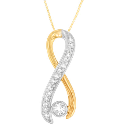 Front-facing close-up of a yellow and white metal infinity-shaped necklace pendant with round white gemstones in prong settings along the white metal part and one larger round white gemstone at the base.