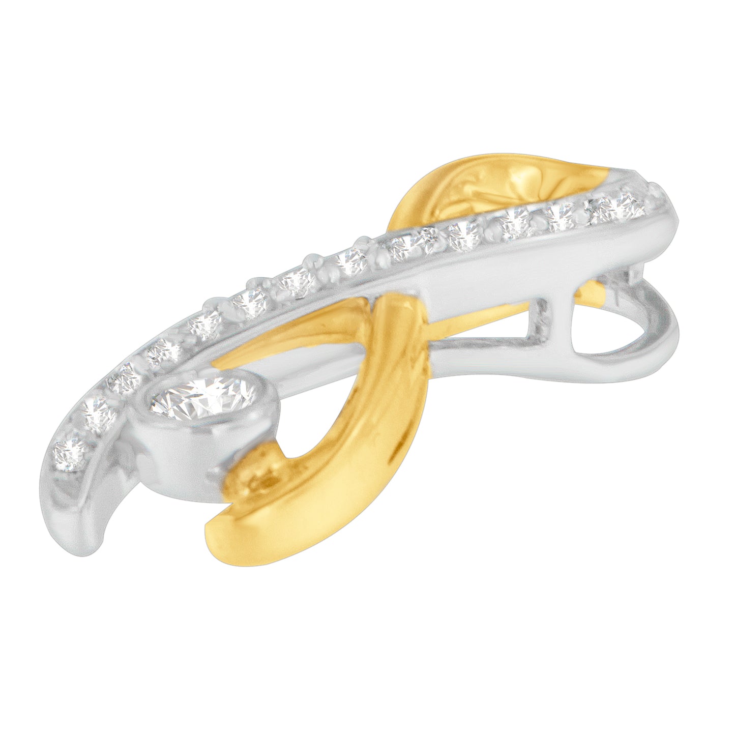 Close-up angled view of a two-tone yellow and white metal necklace pendant featuring a curved design with round white gemstones in prong settings along the top edge and a larger round white gemstone near the bottom.