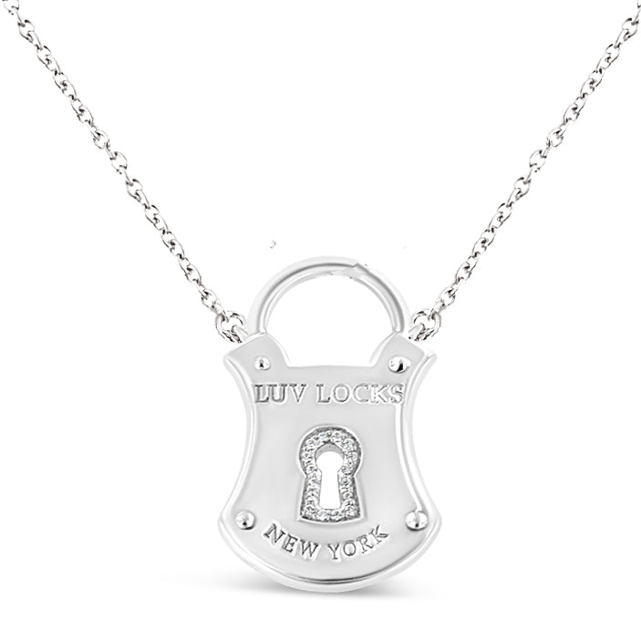 Front view of a white necklace with a padlock-shaped pendant featuring a keyhole adorned with round white gemstones and engraved text.