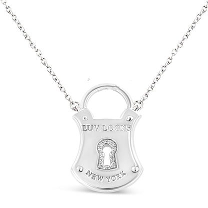 Front view of a white necklace with a padlock-shaped pendant featuring a keyhole adorned with round white gemstones and engraved text.