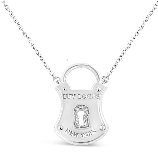 Front view of a white necklace with a padlock-shaped pendant featuring a keyhole adorned with round white gemstones and engraved text.