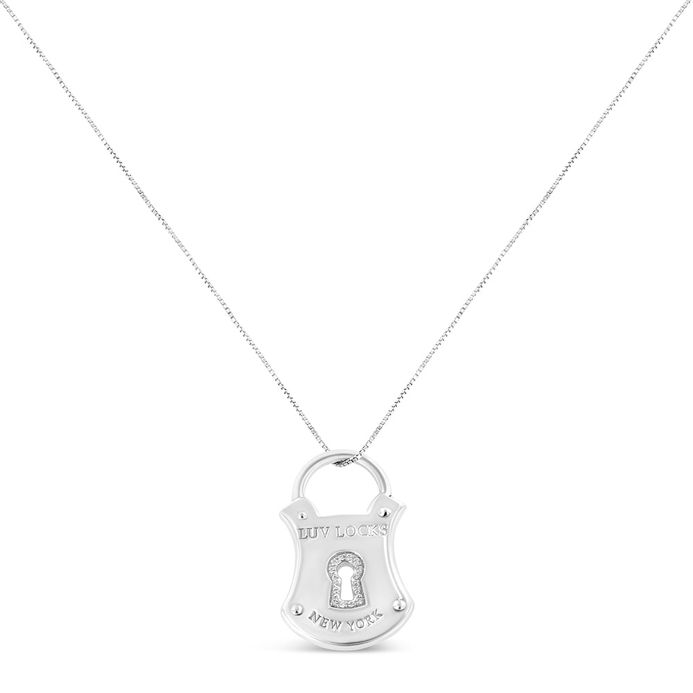 White pendant necklace with a lock-shaped charm featuring a keyhole outlined with white gemstones, shown on a white background from a front angle.