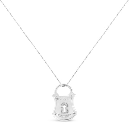 White pendant necklace with a lock-shaped charm featuring a keyhole outlined with white gemstones, shown on a white background from a front angle.