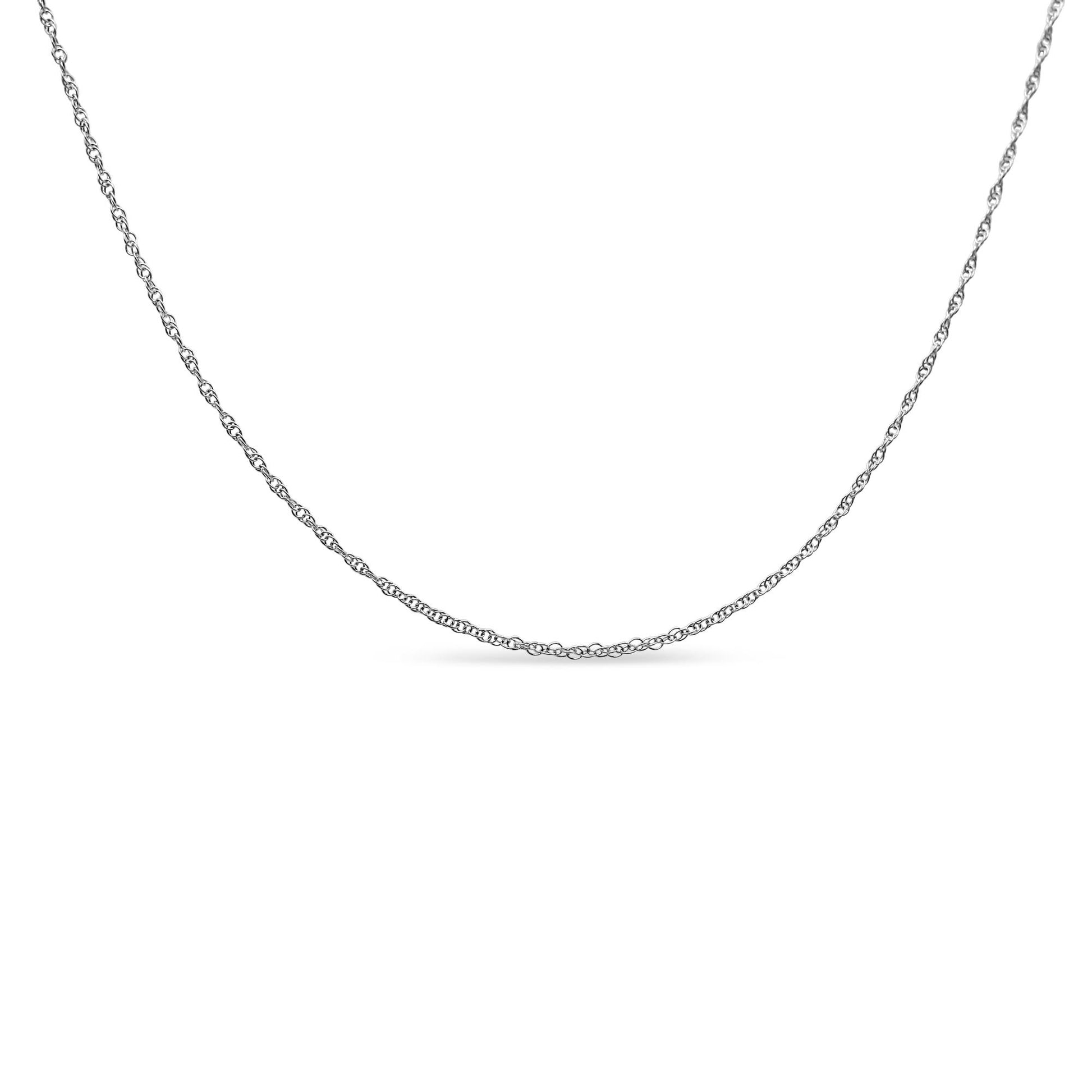 Close-up front view of a delicate white metal necklace chain with no visible gemstones.