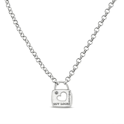 White metal necklace with a heart-shaped cutout pendant featuring a single round white gemstone in a bezel setting, front view.