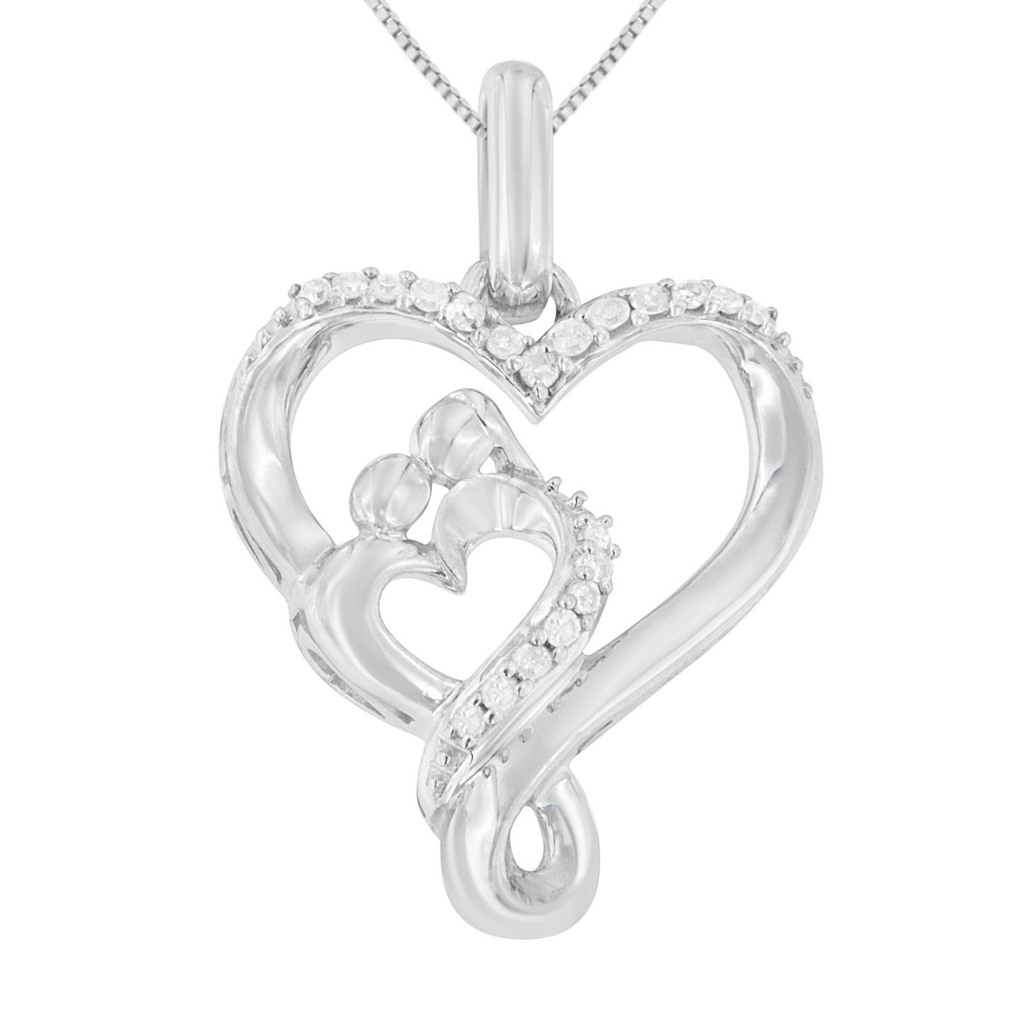 Front view of white metal heart-shaped necklace pendant with two smaller integrated heart shapes accented with small white gemstones.