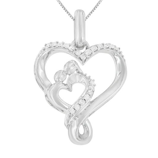 Front view of white metal heart-shaped necklace pendant with two smaller integrated heart shapes accented with small white gemstones.