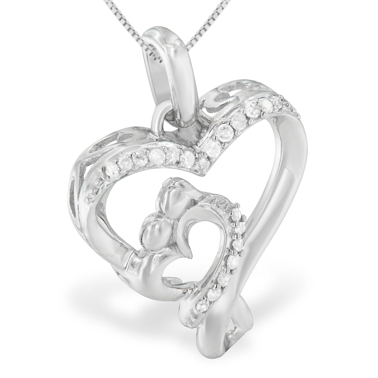 Close-up front angled view of a white metal heart-shaped necklace pendant with multiple small round white gemstones in prong settings along the outer and inner edges.