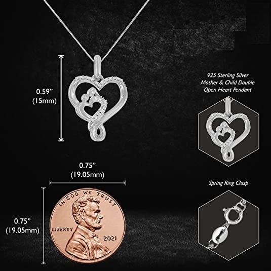 White metal necklace with a double open heart pendant design featuring multiple small white round gemstones in prong settings, shown hanging above a penny and photographed from a front angle with additional close-up insets of the pendant and clasp.