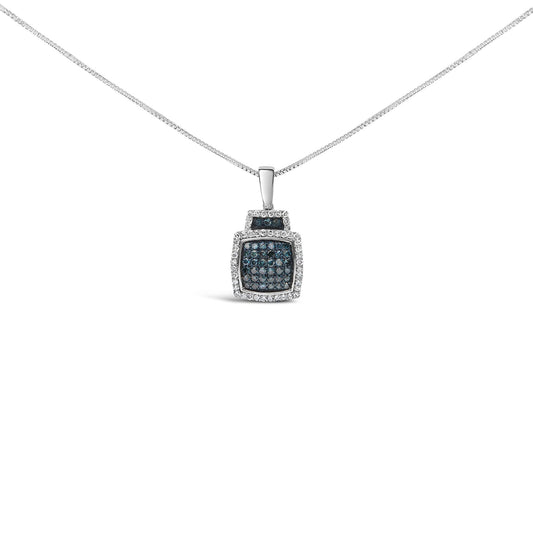.925 Sterling Silver 1/2 cttw Treated Blue Diamond Block Pendant Necklace (I-J, I1-I2)