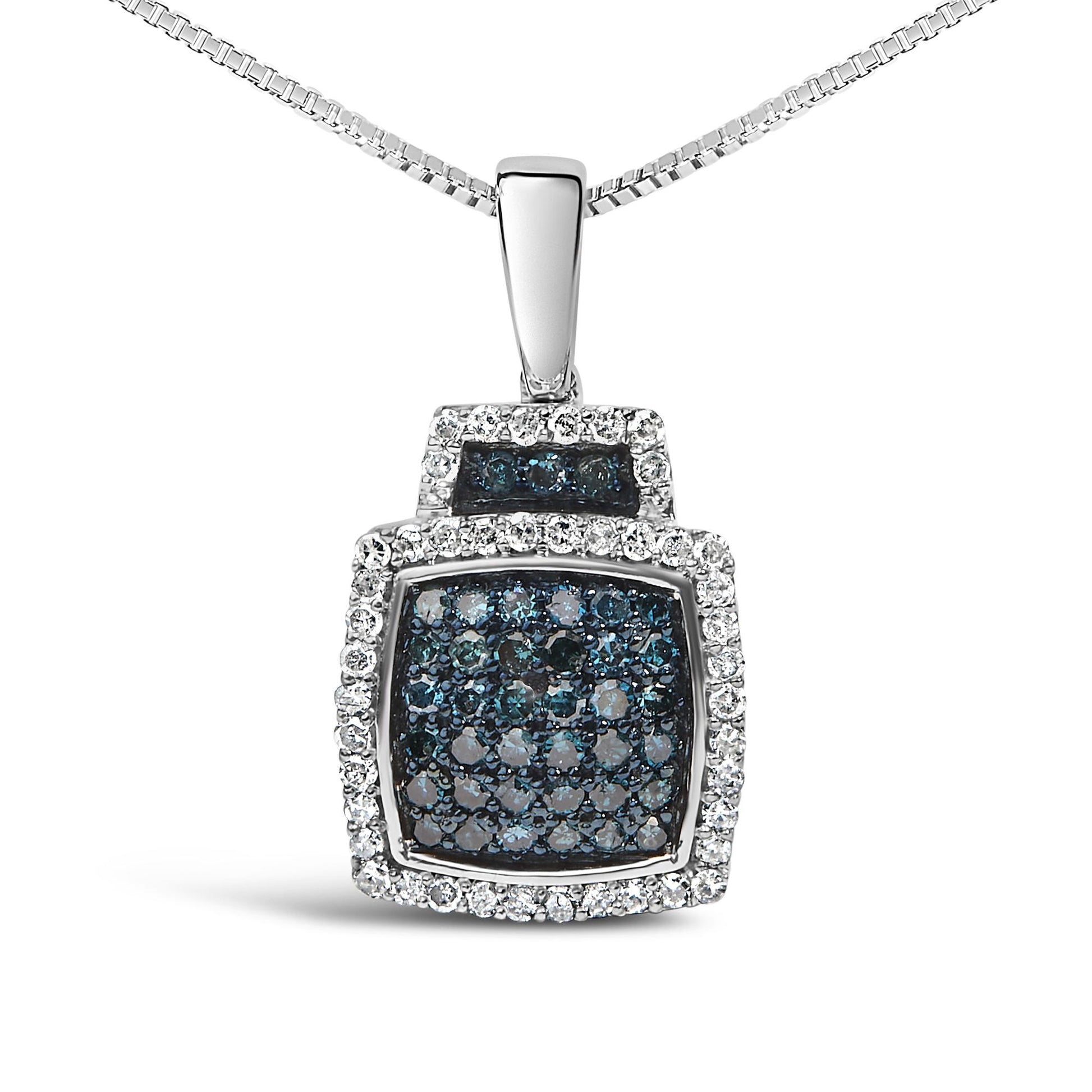 .925 Sterling Silver 1/2 cttw Treated Blue Diamond Block Pendant Necklace (I-J, I1-I2)