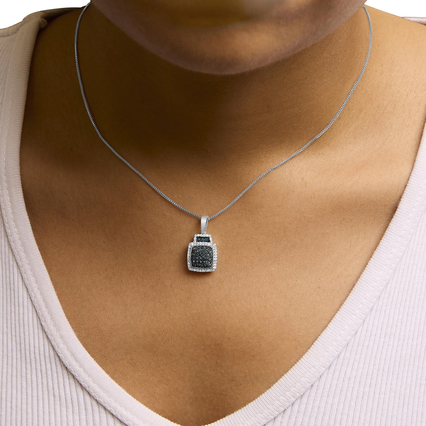 .925 Sterling Silver 1/2 cttw Treated Blue Diamond Block Pendant Necklace (I-J, I1-I2)