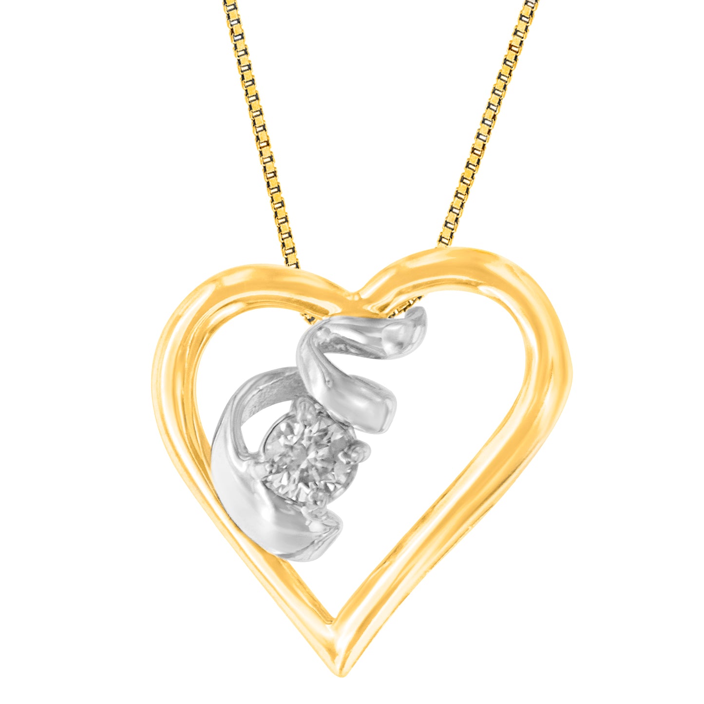 Front view of a yellow and white metal heart-shaped necklace pendant with a single round white gemstone in prong setting.