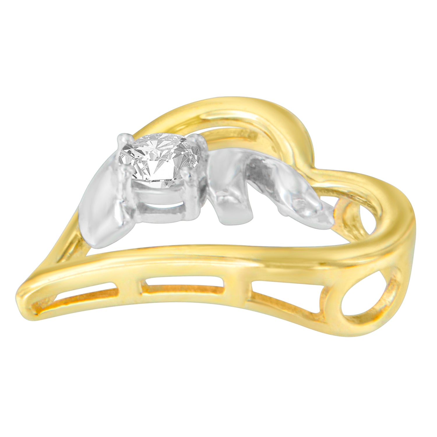 Close-up shot of a heart-shaped necklace pendant with yellow and white metal, featuring a single round white gemstone in a prong setting.