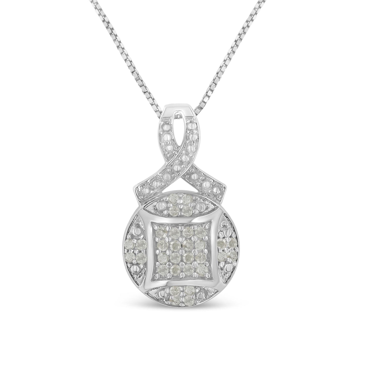 White metal necklace with a circular pendant featuring a square center and pave-set round white gemstones, shown from the front angle.