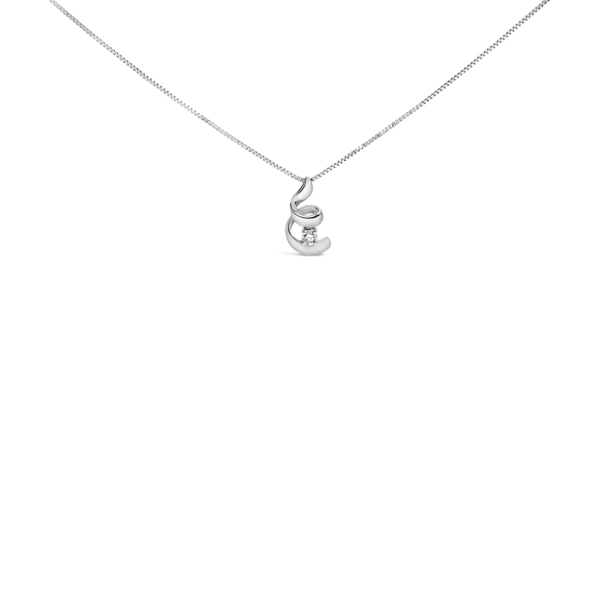 Front view of a white metal necklace with a pendant featuring a curved design and a single round white gemstone in a four-prong setting.