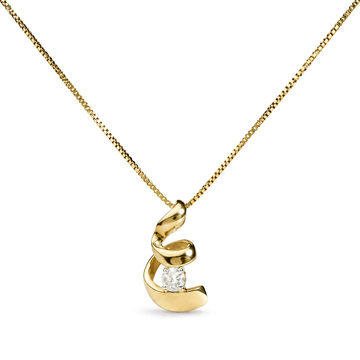 10K yellow gold spiral pendant necklace with round diamond, front view