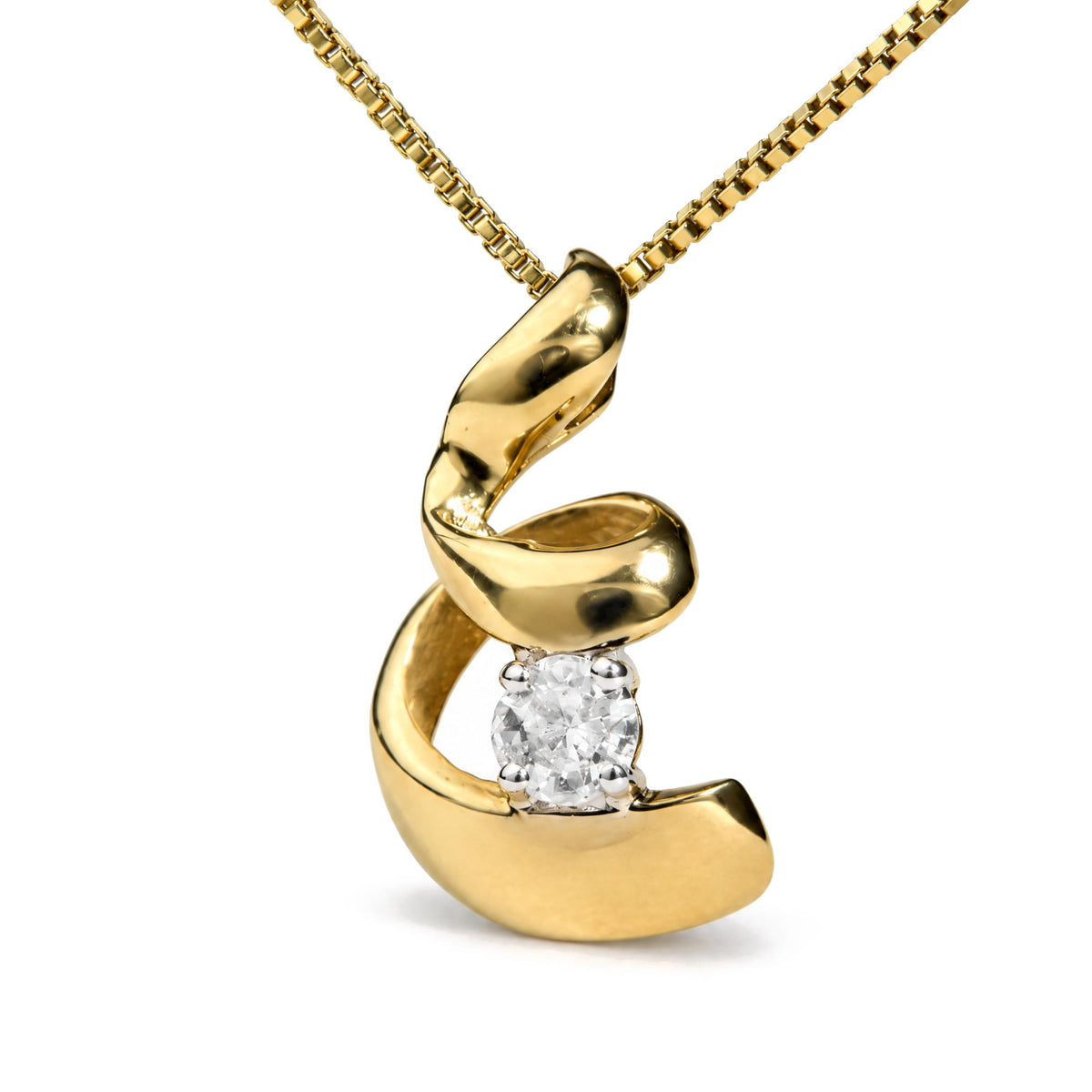 10K yellow gold spiral diamond pendant necklace, angled detail