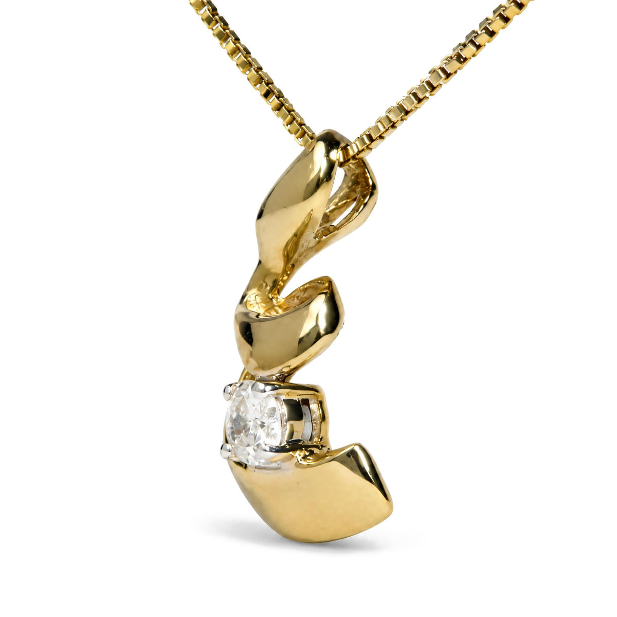 10K yellow gold spiral diamond pendant necklace, side detail